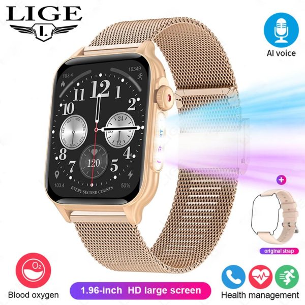 LIGE New Bluetooth call heart rate blood oxygen 8 kinds of light effect weather music multi-function multi-sport smart watch Golden