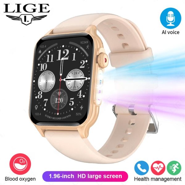 LIGE New Bluetooth call heart rate blood oxygen 8 kinds of light effect weather music multi-function multi-sport smart watch Golden