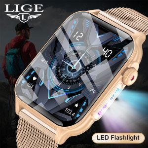 LIGE New Bluetooth call heart rate blood oxygen 8 kinds of light effect weather music multifunction multi-sport smart watch Golden.
